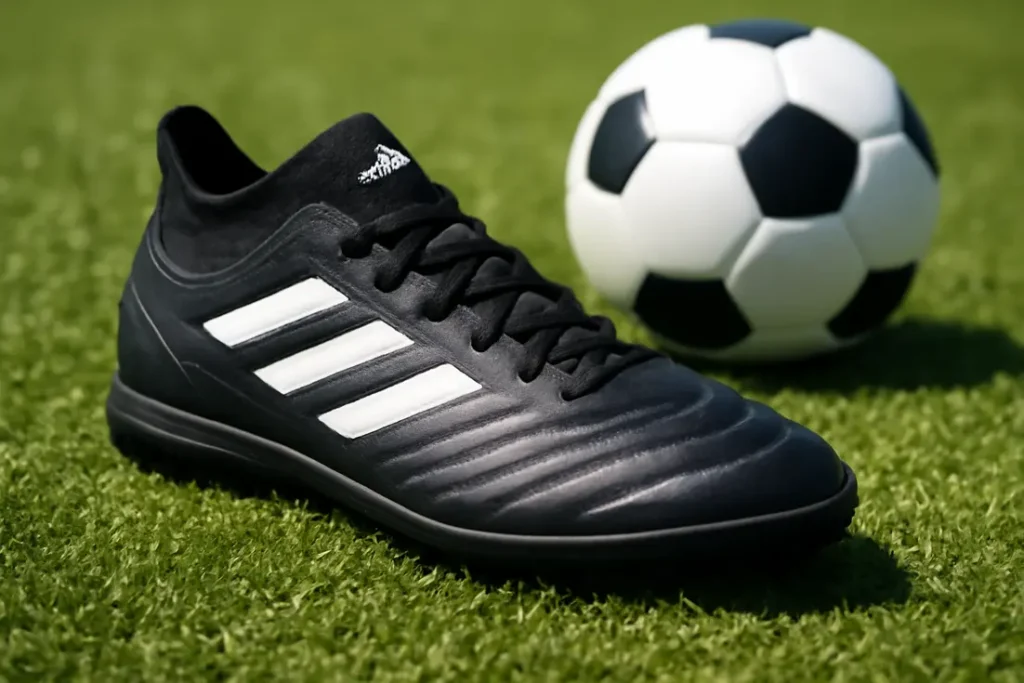 Zwarte adidas kunstgras voetbalschoenen op kunstgras, profiel en studs zichtbaar