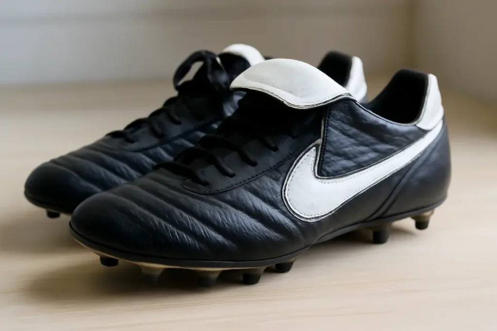 Versleten oude voetbalschoenen met veters en studs