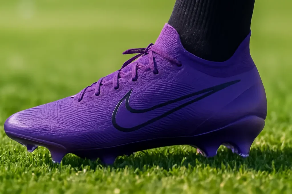 Paarse voetbalschoenen close-up met studs en profiel