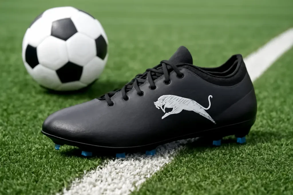 Close-up van Panther voetbalschoenen op grasveld
