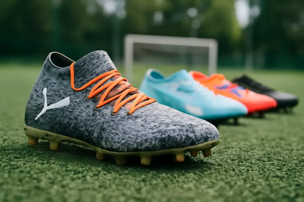 Puma kunstgras voetbalschoenen zwart-grijs close-up op veld