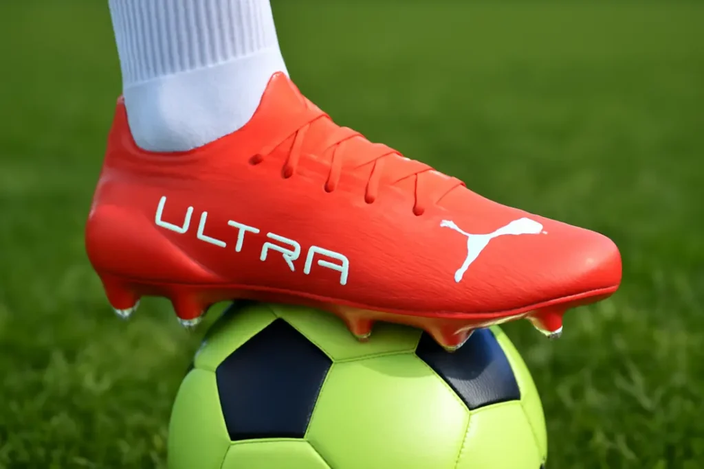 Puma Ultra voetbalschoenen close-up op gras, zwart en rood