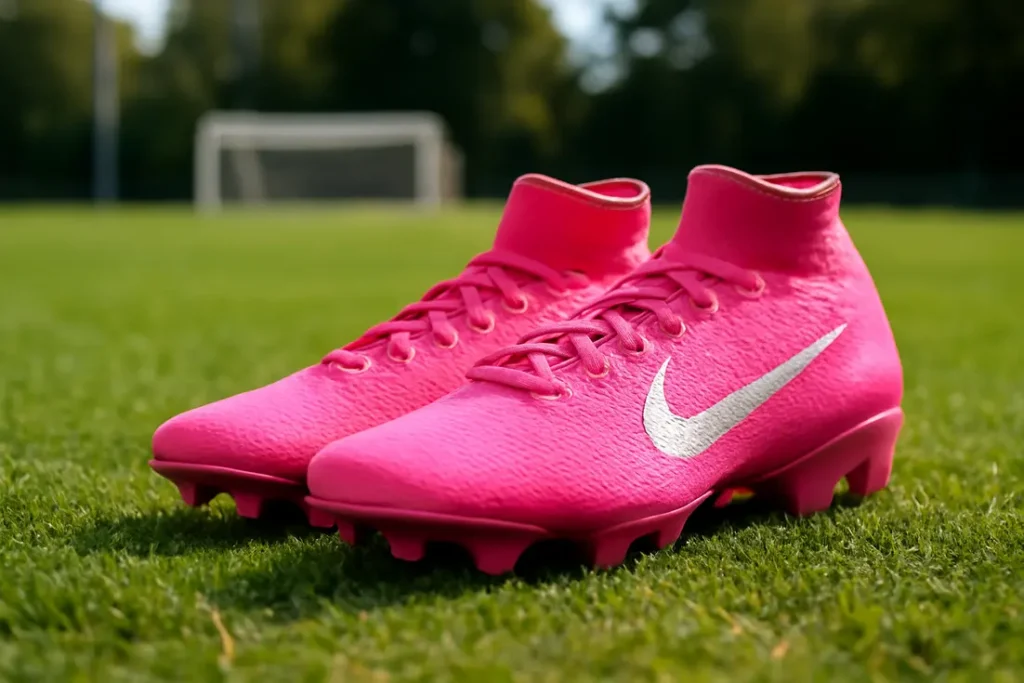 Roze voetbalschoenen met witte details op gras