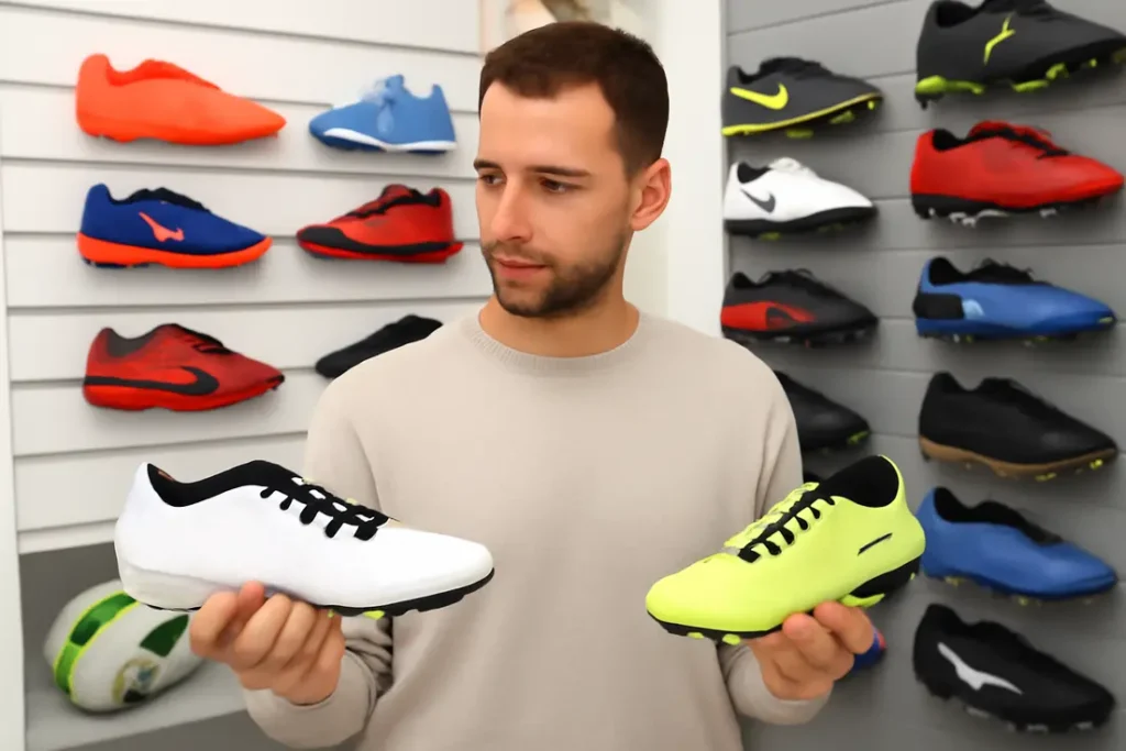 Scapino voetbalschoenen op grasveld, grip en comfort zichtbaar
