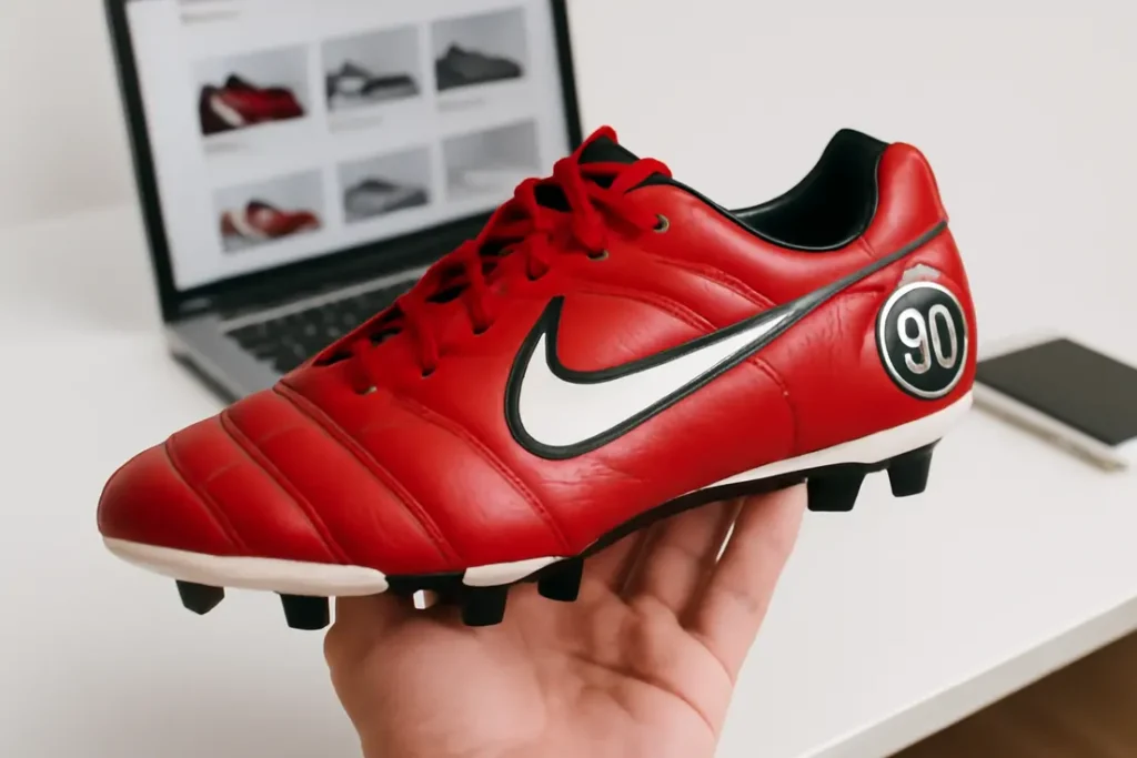 Zijaanzicht Nike total 90 voetbalschoenen wit en blauw